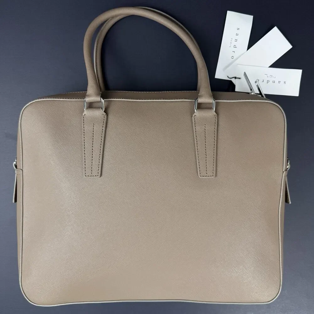 Sandro Downtown Large Saffiano Leather Briefcase Mocha Brown New With Tags